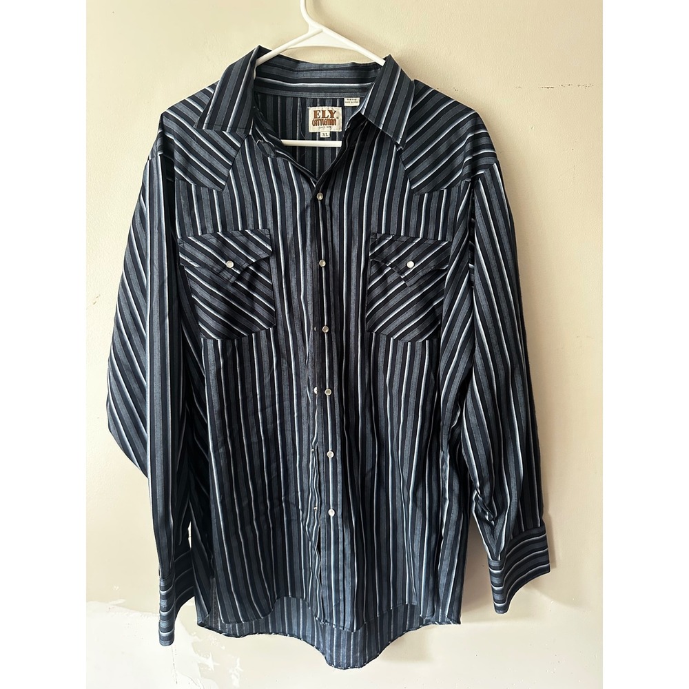 Ely Cattleman Mens XL Western Snap Shirt Blue Grey Striped Long Sleeve